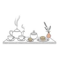 Tea set with teapot cups cookies sugar bowl and lavender on white vector