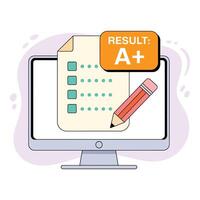 Computer screen displays an a plus result on a test paper vector