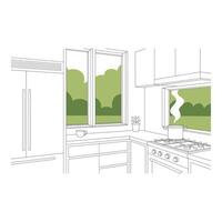 A kitchen scene with a stove pot and view through the window vector