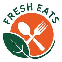 Fresh eats logo with spoon fork and leaf isolated on white background vector