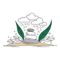 Stacked stones with leaves and rain falling in a zen garden scene vector