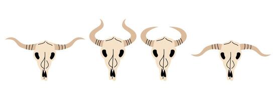 Wild West set. Collection of groovy cute funky hippie boho illustration elements of cow skulls. Western stickers vector