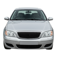 Generic Unbranded Silver Car, Front View with Blank License Plate for Mockup. Cut Out, Clipping Path on Transparent Background. png