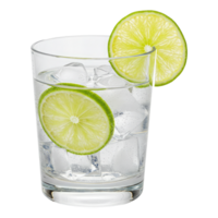 Clear Carbonated Beverage with Lime Slices and Ice in a Rocks Glass. Cut Out, Clipping Path on Transparent Background. png