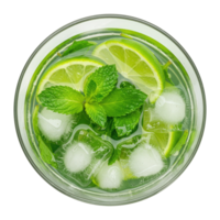 Glass of Cold Green Beverage with Mint, Lime, and Ice, Top-Down View. Cut Out, Clipping Path on Transparent Background. png