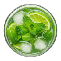 Lime and Mint Mocktail or Lemonade, a Refreshing Non-Alcoholic Drink, Top View. Cut Out, Clipping Path on Transparent Background. png