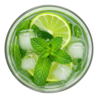 Top View of Iced Cocktail with Fresh Mint Leaves, Lime Slices, and Ice Cubes in a Glass, Cut Out, Clipping Path on Transparent Background. png