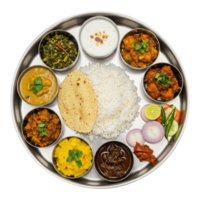 A Complete and Balanced Indian Meal Platter from Above. Cut Out, Clipping Path on Transparent Background. png