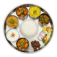 Top View of Indian Chicken Thali with Paneer, Raita, and Salad. Cut Out, Clipping Path on Transparent Background. png