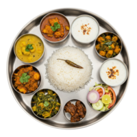Complete Indian Meal Platter with Rice, Dal, and Curry, Top View. Cut Out, Clipping Path on Transparent Background. png