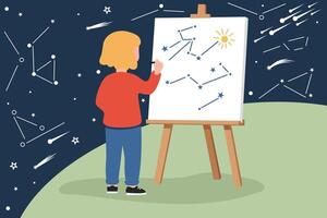 a person draws space from life, standing on a planet in outer space vector