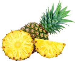 Whole pineapple with sliced segments showing juicy yellow flesh and green crown High resolution image transparent background png