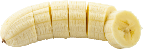 Peeled banana fruit expertly cut into multiple fresh vibrant yellow slices aligned horizontally png