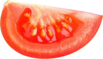 Close up image of a ripe red tomato slice showing seeds and juicy texture isolate png