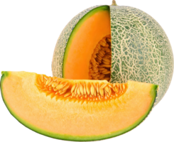 Whole cantaloupe with a large cut section showing orange flesh and seeds plus a detached slice png