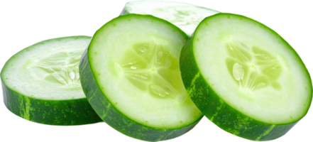 Close up view of multiple freshly cut green cucumber slices with distinct textures png