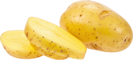 Whole fresh yellow potato with a cut half slice and a potato wedge on a transparent background png