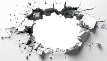 A dynamic close up of a shattered white surface featuring a large central hole and radiating cracks png