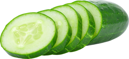Vibrant green cucumber partially sliced into multiple uniform circular pieces transparent background png