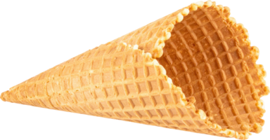Crispy empty waffle ice cream cone with textured surface golden brown color isolated on black png