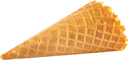 A golden brown waffle ice cream cone with a crispy textured surface isolated on black png