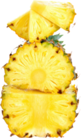 Sliced pineapple pieces stacked showing juicy yellow flesh and textured rind isolate png