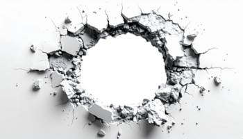 A circular hole with jagged edges ripped through a white wall surrounded by cracks and debris png