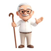 Smiling cartoon Elderly man with Cane stick character and hand gestures 3D Icon png