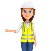 Smiling Cartoon white woman character engineering Construction worker and hand gestures, green reflective clothing and helmet for the safety of the work operation 3D Icon. png