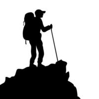 silhouette of a man hiking and standing on the edge of a cliff vector