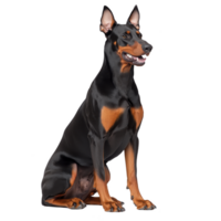 Doberman Pinscher sits attentively, showcasing its sleek black and tan coat and alert expression. dog muscular build and upright ears highlight its strong and intelligent nature png