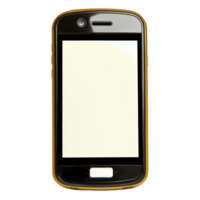 Black smartphone with blank screen and yellow case is shown. device features front camera and home button, highlighting its simple design png