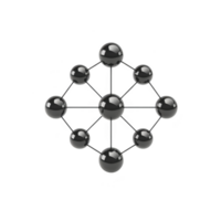 3D model of molecular structure with interconnected black spheres representing atoms, showcasing geometric and scientific design png