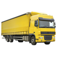 Large yellow cargo truck with covered trailer is shown, designed for transporting goods over long distances. vehicle features multiple wheels and spacious cabin, ideal for logistics and freight png