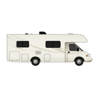 White motorhome with sleek design and tinted windows is shown in side view, highlighting its compact and modern features, ideal for travel and adventure enthusiasts png