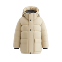 Beige puffer jacket with hood and front pockets, designed for warmth and comfort. jacket features quilted pattern and button closures, ideal for cold weather png