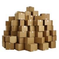 Large stack of cardboard boxes is piled up, creating sense of organized chaos. boxes are various sizes, with some showing signs of wear, suggesting they have been used for storage or moving png