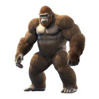 Powerful, animated gorilla stands upright, showcasing its muscular build and thick brown fur. expression is intense, highlighting its strength and presence png