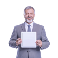 Mature man in suit holds blank tablet, smiling confidently against plain background. image conveys professionalism and technology png