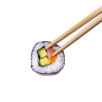 Piece of sushi roll with salmon and cucumber is held by chopsticks, showcasing delicious and fresh Japanese cuisine. sushi is surrounded by white rice and wrapped in seaweed png