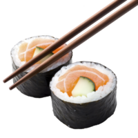 Two sushi rolls with salmon and cucumber, wrapped in seaweed, are elegantly held by chopsticks. fresh ingredients and vibrant colors create appetizing and authentic Japanese cuisine experience png