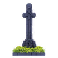 Stone cross monument stands on grassy base, featuring intricate carvings and weathered appearance, symbolizing remembrance and tranquility png