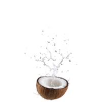 Coconut half with splashing milk or water creates refreshing and tropical vibe. image captures dynamic motion of liquid, emphasizing freshness and natural elements png