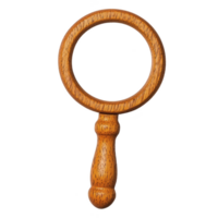 Wooden magnifying glass with smooth handle and circular frame, showcasing natural wood grain texture. design is simple and elegant, perfect for decorative or educational purposes png