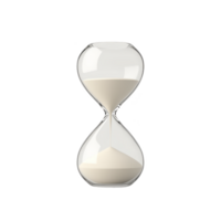 Classic hourglass with white sand elegantly flows from top chamber to bottom, symbolizing passage of time. transparent glass design adds timeless and minimalist aesthetic png