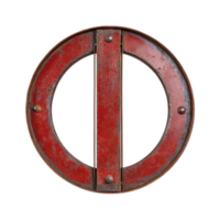 Vintage red circular metal sign with vertical bar in center, featuring weathered and rustic appearance. sign aged texture adds character and charm png
