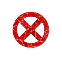 Red circular symbol with cross in center, resembling prohibition or restriction sign, is depicted against transparency background. design has textured, mosaic like appearance png