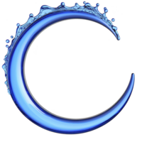 Dynamic blue crescent shape with water splash elements creates sense of fluidity and motion, symbolizing freshness and energy. design is sleek and modern, ideal for creative projects png