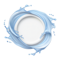 White circular plate is surrounded by dynamic, swirling blue liquid splashes, creating sense of motion and freshness. liquid appears to be water, adding refreshing and clean aesthetic to image png