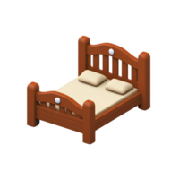 Cozy, isometric illustration of wooden bed with beige mattress and two pillows, featuring simple and inviting design png